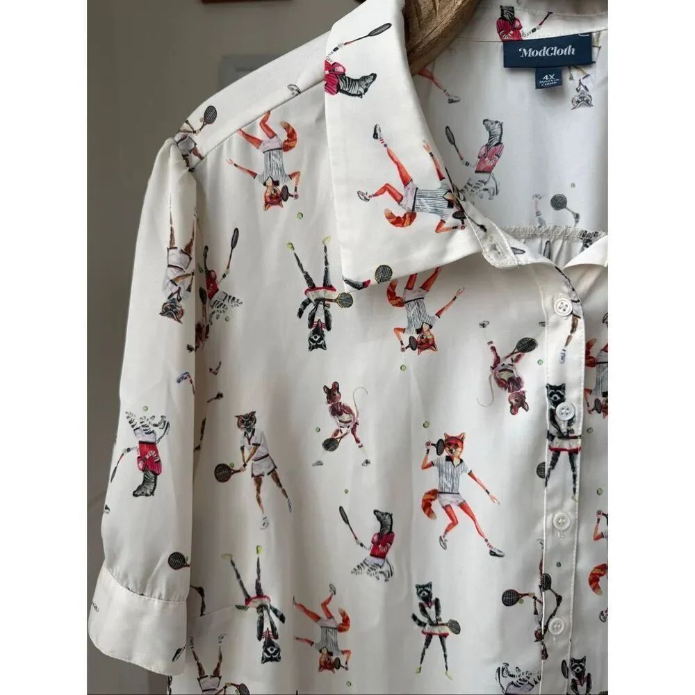 ModCloth Undeniably Inspired Short Sleeve Blouse Fox Mouse Owl Bear Tennis 4X